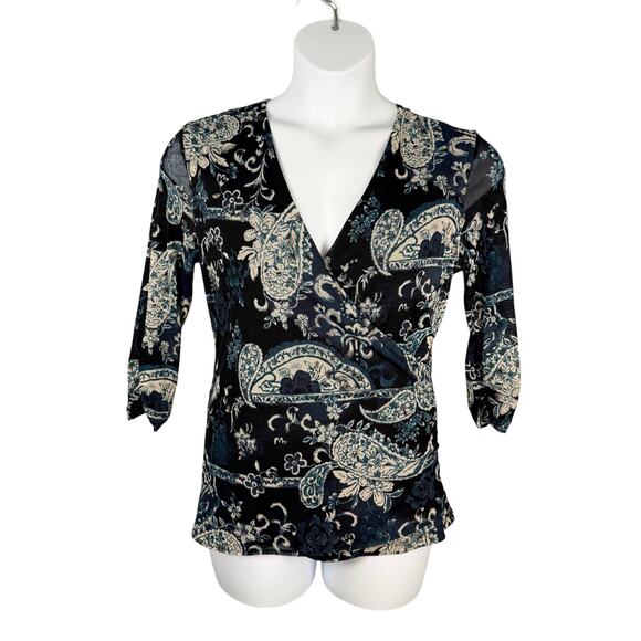 Vintage Worthington Top Womens Large Mesh Babydoll Paisley Y2K Faux Wrap - Picture 1 of 15